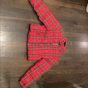 Red and plaid adika puffer jacket.
